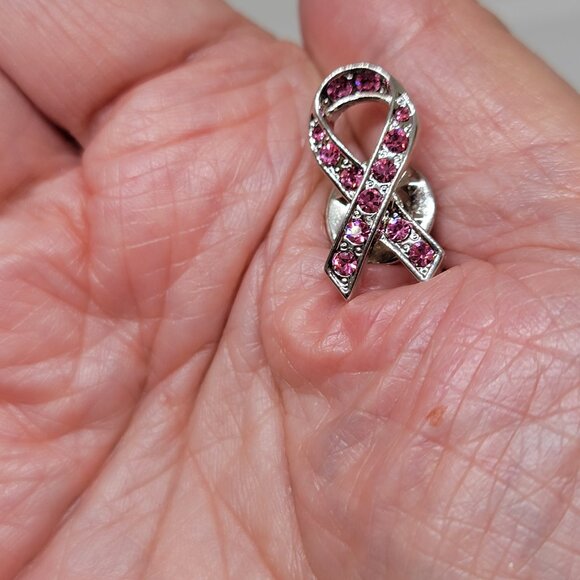 Breast Cancer Awareness Dangle Earrings Pink Rhinestones Silver Tone 1 1/4 Inch - Picture 11 of 11